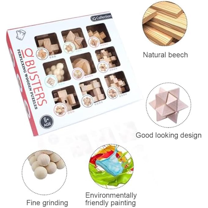 3D WOODEN CUBE BRAIN TEASER PUZZLE PENTAGO GAME, 9 PCS KONG MING LUBAN LOCK TOYS, WOODEN BRAIN GAMES, ASSEMBLING BALL CUBE CHALLENGE IQ BRAIN EDUCATION TOYS FOR KIDS AND ADULTS - Image 2